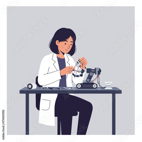 Scientist working on robotics project at a table in a lab environment illustration