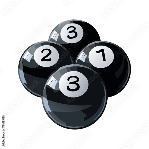 Four black billiard balls numbered 1, 2, and 3 arranged in a square formation on a white background.