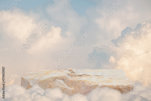 Stone table top podium floor outdoor on blue sky soft white cloud background.Beauty cosmetic product placement pedestal rock stand display,summer paradise dreamy concept.