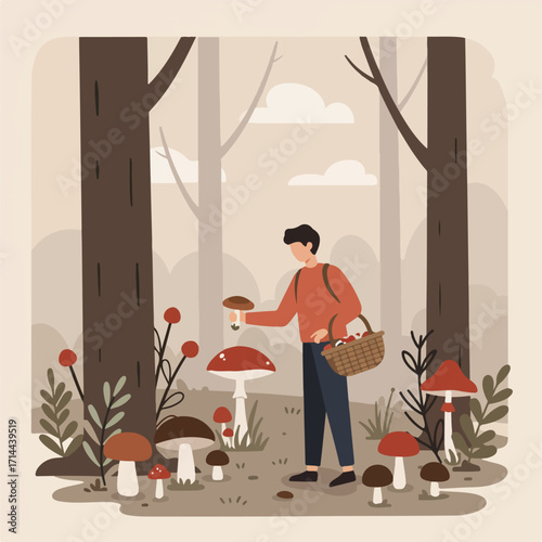 Illustrated man picking mushrooms in a forest, holding basket with fungi, retro style