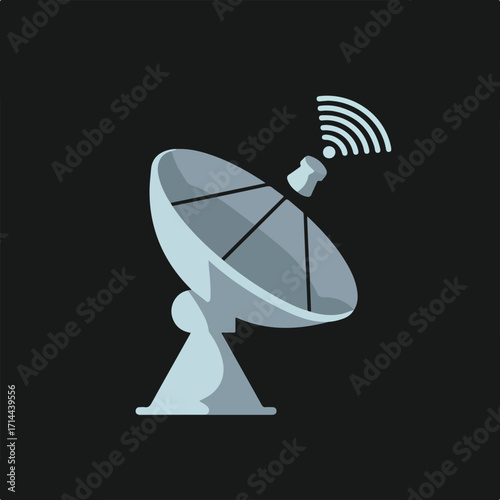 Light-blue satellite dish with radio waves on a black background in flat style