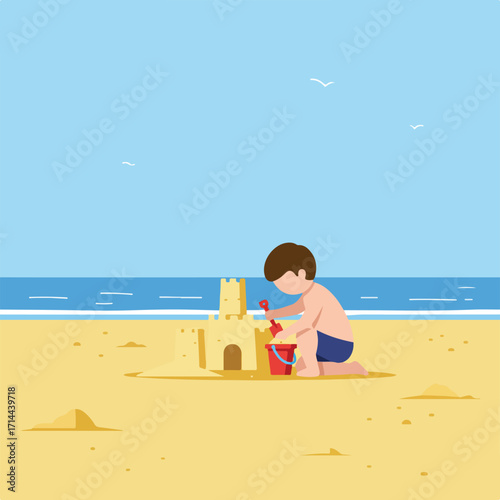 Illustration of a child building a sandcastle on a beach with birds and a blue sea