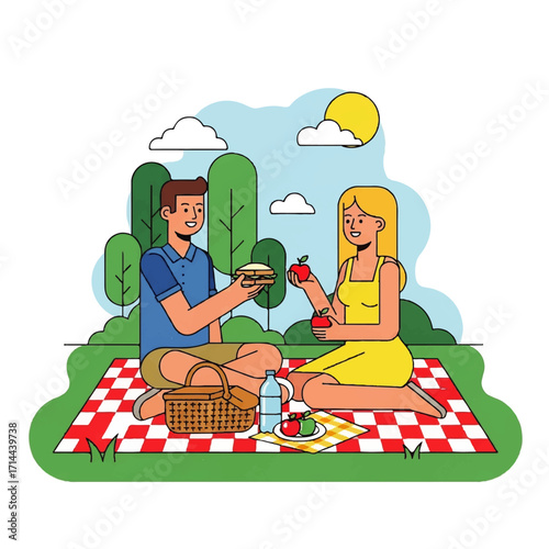 Happy young couple enjoying a romantic summer picnic date in a green park, sitting on a blanket and sharing food