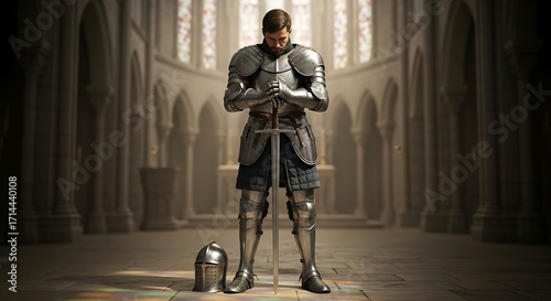 Knight in Prayer in a Cathedral.