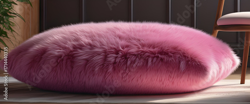 Large pink fluffy cushion on the floor. Soft faux fur pillow with cozy texture. Plush pink cushion creating warm atmosphere. Stylish pink cushion adding comfort indoors.