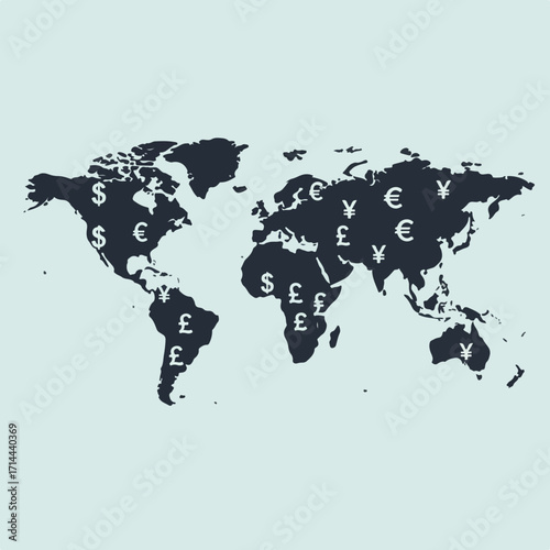World map displaying currency symbols over each continent on a pale background