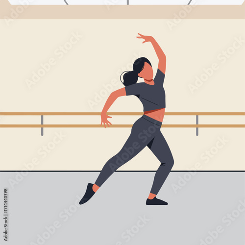 Flat illustration of a ballerina dancing in a studio with barre along the wall