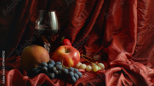 A classical still life composition featuring a glass of red wine, vibrant apples, peaches, and lush grapes, all elegantly arranged against rich, draped red satin fabric, evoking a sense of luxury, abu