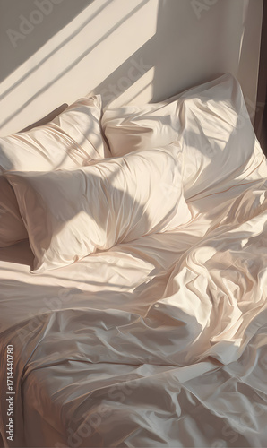 Sunlit morning ambiance showcasing a rumpled bedding setup with white linen pillows and sheets evoking a sense of serene comfort and relaxation capturing a cozy bedroom interior