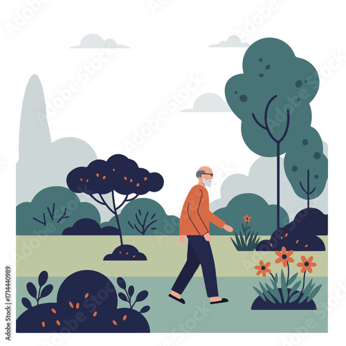 Older man walking in a park with stylized vegetation and trees in the background