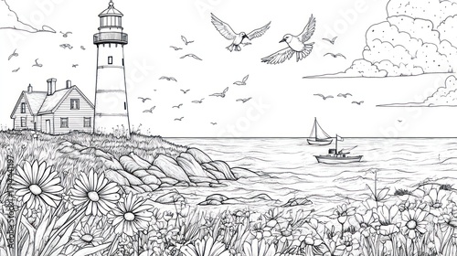 Wallpaper Mural Coastal lighthouse landscape ocean birds flowers boat and sky composition Torontodigital.ca