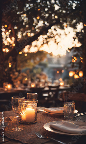 Εκτύπωση καμβά Elegant outdoor dining ambience with candlelit tables sparkling lights creates a