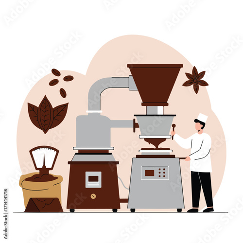 Coffee grinding with a man in uniform using industrial equipment, bag, scales, & beans