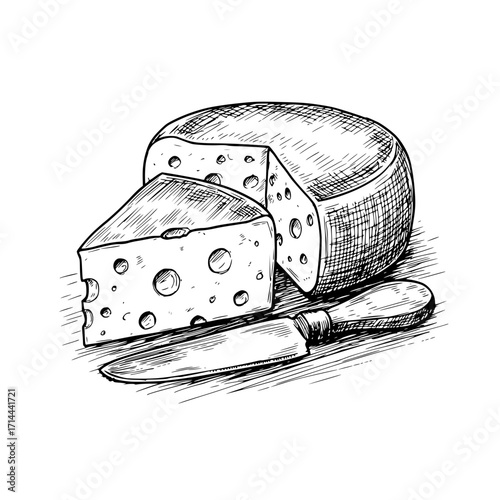 Block of cheese with a wedge cut, detailed culinary illustration, monochrome style