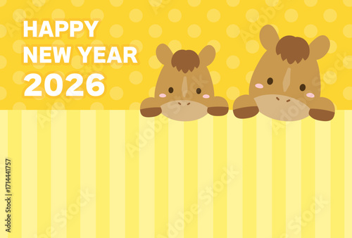 2026年午年のかわいい馬の親子のイラスト年賀状、茶色い馬