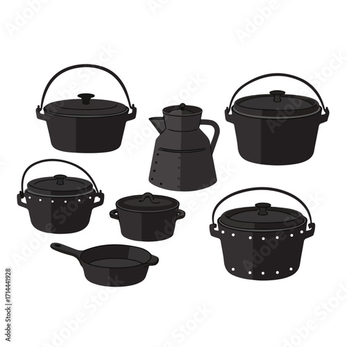 An array of black, vintage-style cookware and pots illustrated on a white background