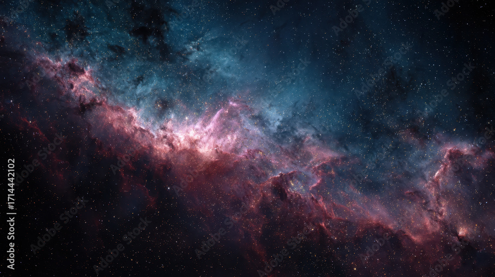 Obraz premium Colorful nebula with swirling gas and dust illuminated by stars in a deep space setting, showcasing a vibrant cosmic scene filled with celestial wonders and beauty.