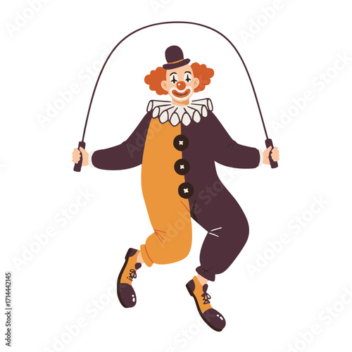 Playful clown skipping rope, cartoon illustration, colorful design
