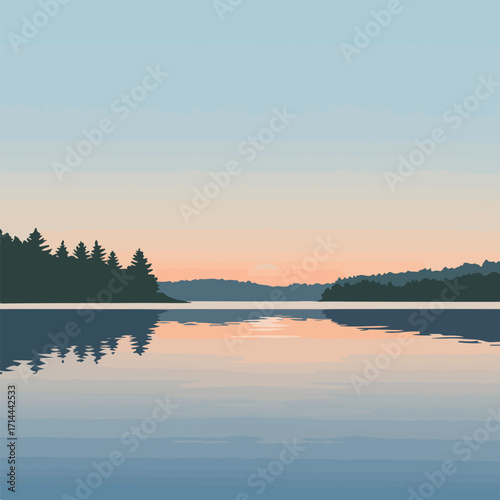 Tranquil pastel landscape featuring lake, silhouetted trees, hills, & soft hues in sky/water