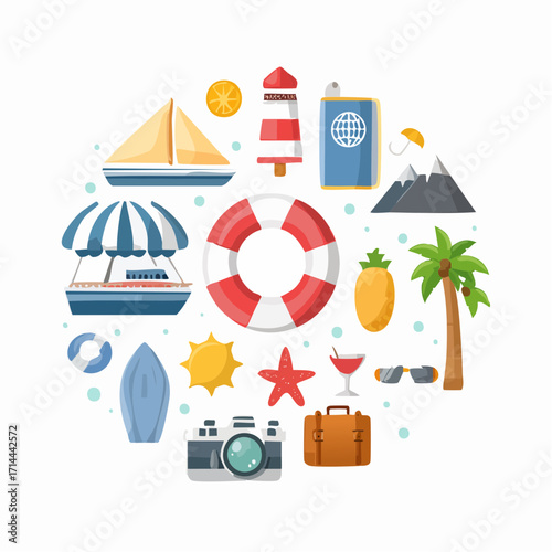 A circular composition of flat design icons representing a summer beach vacation, featuring travel essentials like a passport, camera, sailboat, and tropical elements