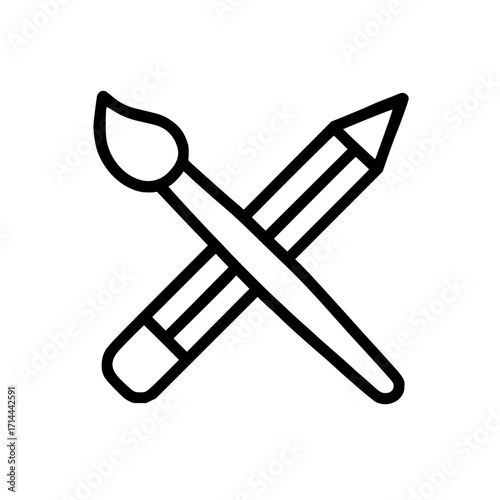 Crossed paintbrush and pencil, minimalist art tools illustration, monochrome style