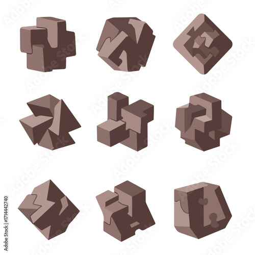 Nine isometric abstract 3D block sculptures in brown on a white background arrangement