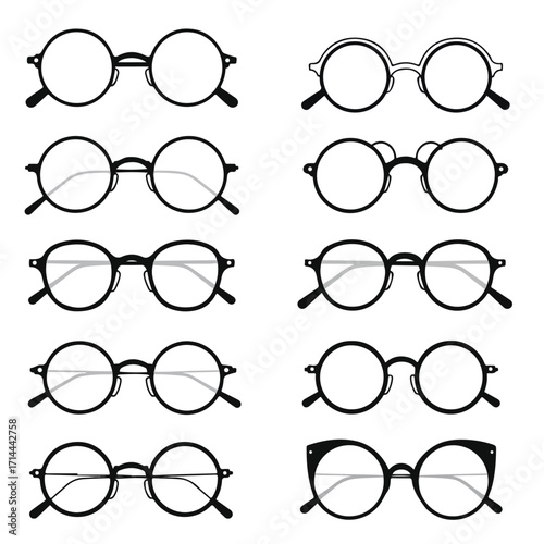 A compilation of 8 unique glasses with dark frames in various shapes on a white background