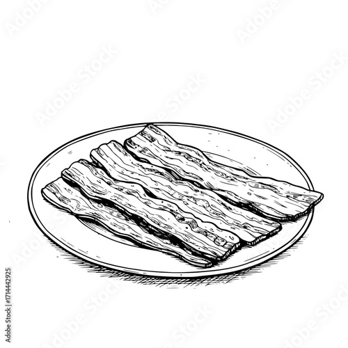 Plate of appetizing bacon strips, detailed culinary illustration, monochrome style