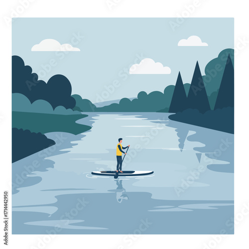 Paddleboarder on still river with blue sky, trees, and fluffy clouds, simple flat design