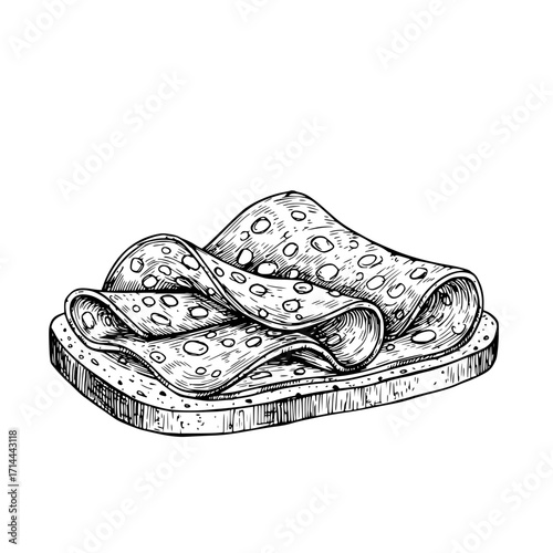 Sliced cold cuts arranged on bread, detailed culinary illustration, monochrome style