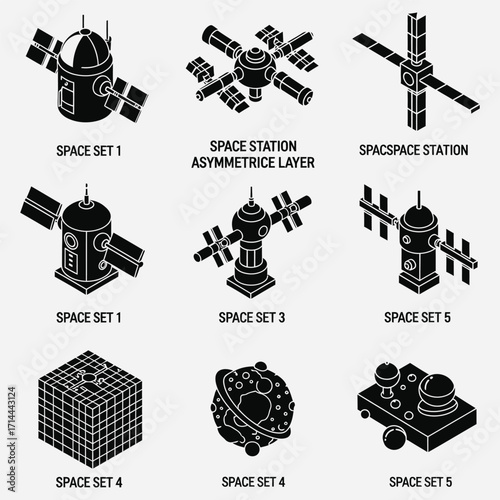 Collection of isometric space technology vector icons satellites, stations, and cosmic elements