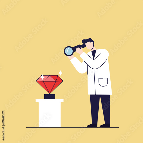 Doctor examines a large, sparkling ruby on a pedestal with a magnifying glass