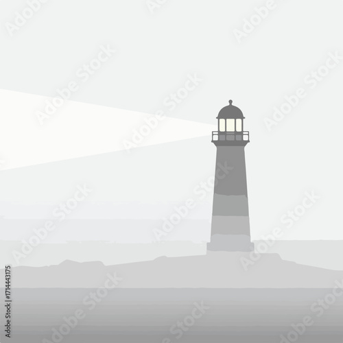 A monochrome lighthouse stands casting beams of light across a misty, muted landscape