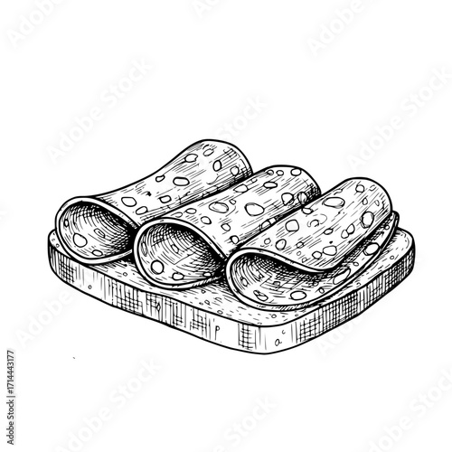Rolled slices of cold cuts on sandwich, detailed culinary illustration, monochrome style