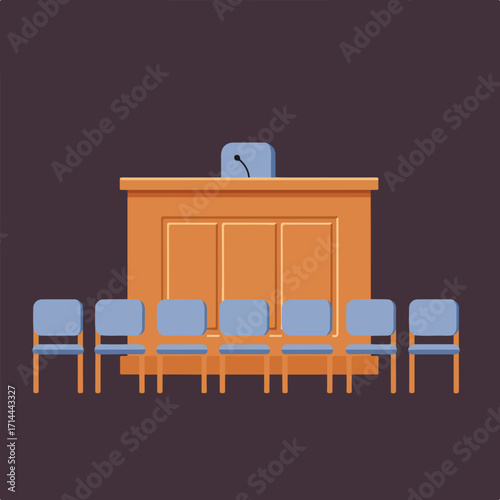 A courtroom scene depicts a wooden bench and a row of blue chairs on a muted purple floor