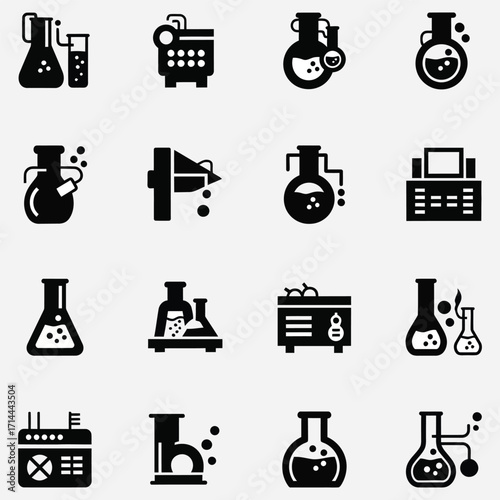 Essential Chemistry and Laboratory Equipment Vector Icons for Scientific Research and Industrial Processes