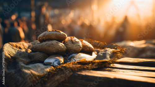 The biblical miracle of the five loaves and two fish, Jesus Christ feeding the multitude, a rustic still life of bread and fish in golden light, a story of faith, hope and God's divine provision.

