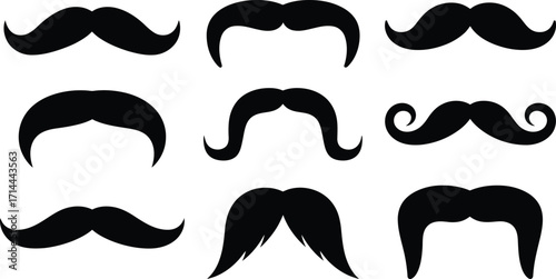 Collection of different types of black mustaches on white background