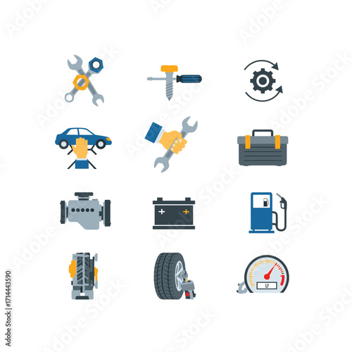 Automotive Mechanics Collaborating on Car Engine Repair with Tablet and Tools in a Service Garage, Modern Illustration, Expert Teamwork, Quality Auto Service