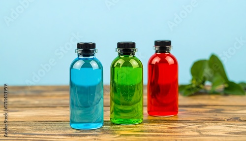 Colorful bottles on wooden table