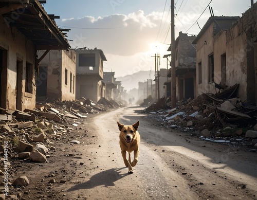 Dog walks lone road in war-torn town