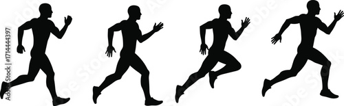Black silhouette of male runners in motion on white background running