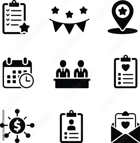 Collection of Business and Celebration Icons Presenting Planning, Meeting, Events, Finance, and Romantic Correspondence in a Simple yet Engaging Visual Style