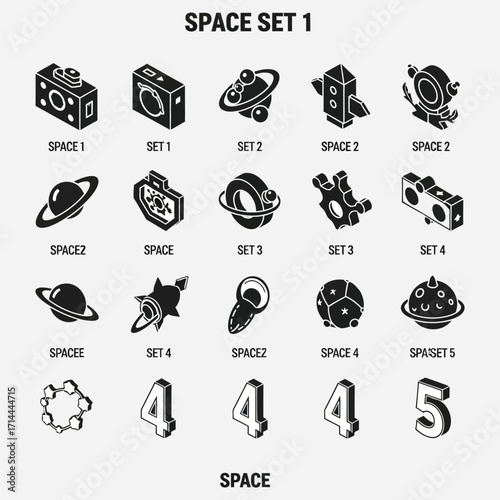 Space Exploration Set Futuristic Icons of Planets, Rockets, and Satellites