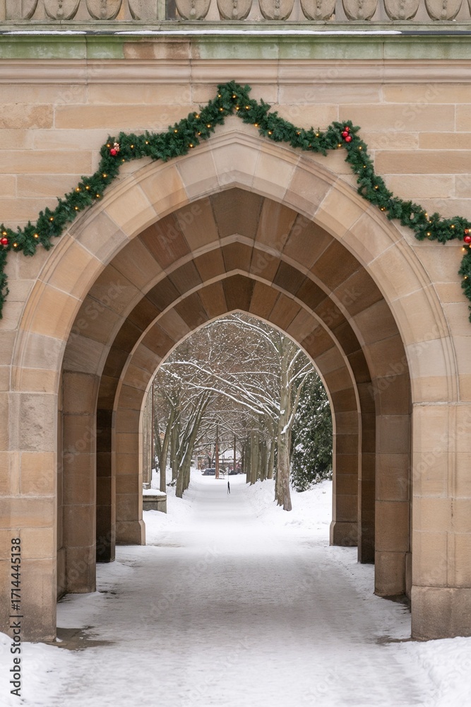 Fototapeta premium Snow covered historic stone arch with minimal festive garland decoration