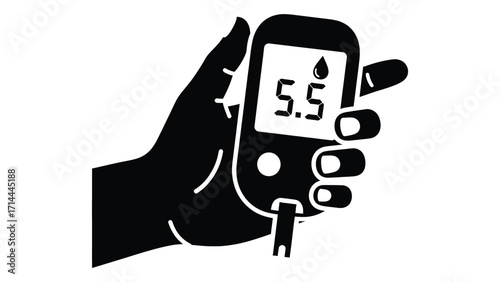 Hand holding a glucose meter displaying blood sugar level, isolated on white background