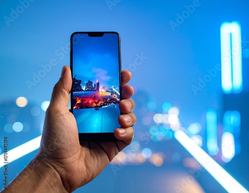 A hand holding a smartphone with the skylines and famous monuments of different countries in the background, captured in natural light with professional photography quality.