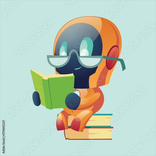 Cute Robot Character Reading Book with Glasses Vector Illustration