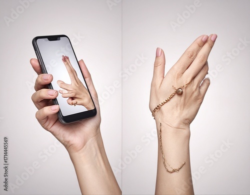 A hand holding a smartphone with the skylines and famous monuments of different countries in the background, captured in natural light with professional photography quality.
