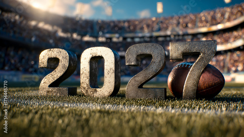 3D 2027 numbers on the football field with football, New Year concept